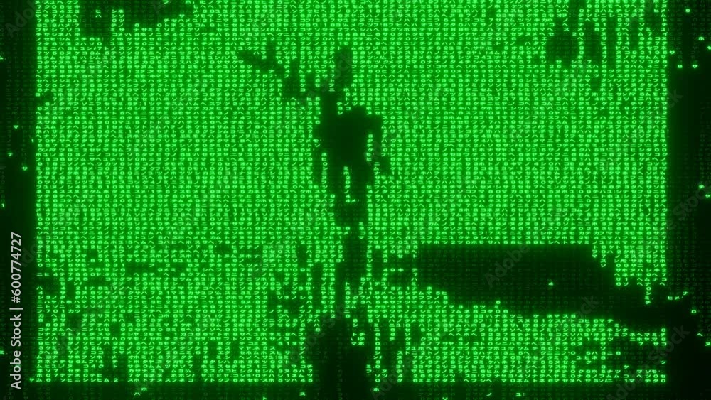 matrix light green text rain falling animation.  Screen infected by a computer virus scene as 3d modeling.