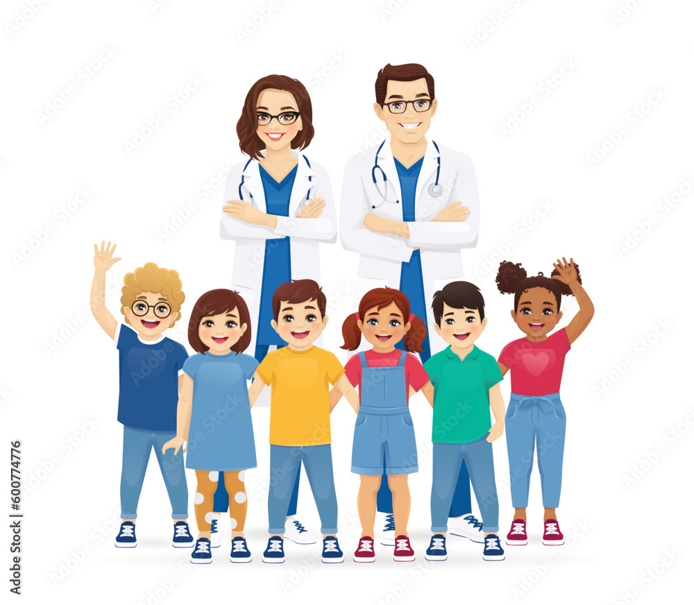Male and female doctors pediatricians vector illustration standing with group of kids isolated vector illustration Male and female doctors pediatricians vector illustration standing with group of kids isolated vector illustration