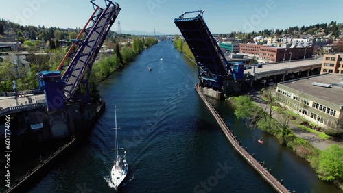 Aerial of Sailboat Passing Under Fremont Bridge