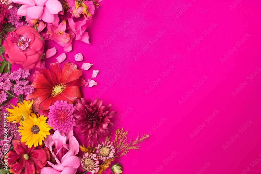 A bright fuchsia background with an assorted flower border Generative AI