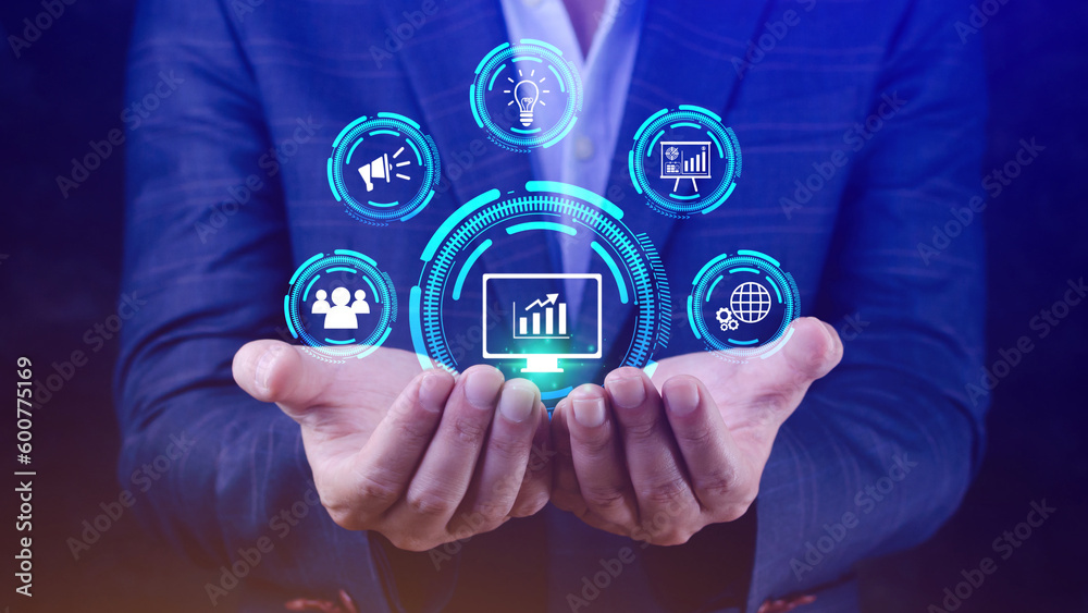 Hand shows the sign of Digital marketing internet advertising and sales increase business technology concept, online marketing, Ebusiness, Ecommerce, Big data analytics and Business online.