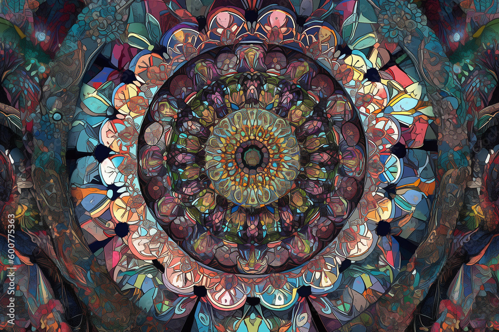 An intricate mandala with vibrant colors representing spirituality, religion, culture Generative AI
