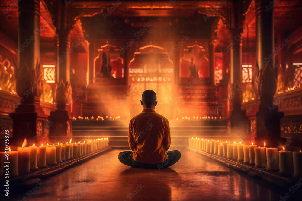 A serene image of a person meditating in a temple, surrounded by the glow of candles and incense smoke, representing inner peace, religion, culture Generative AI