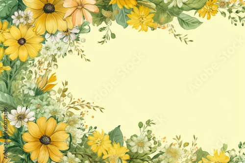 A sunny yellow-green background with an assorted flower border Flower wedding card  invitation  banner Generative AI