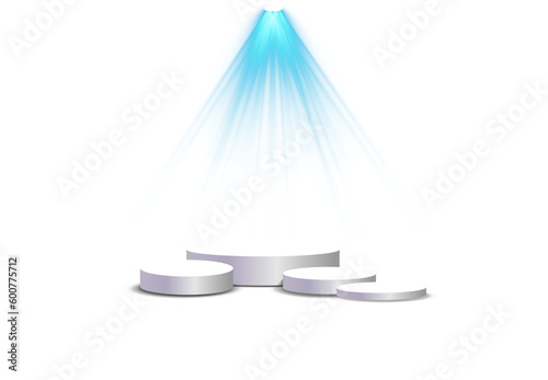 Podium stand isolated on transparent background. White circle plinth  pillar or display stage. Empty prize pedestal with blue projector light beams