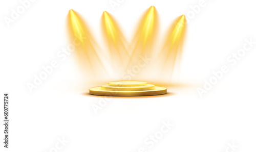 Podium stand isolated on transparent background. White circle plinth, pillar or display stage. Empty prize pedestal with yellow projector light beams.