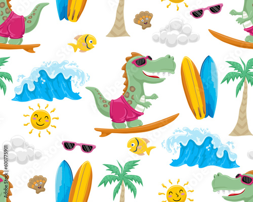 Seamless pattern vector of beach summer holiday elements with dinosaur surfboarding