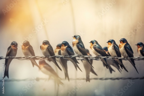 Watercolor of swallows perched on wire for migration. Generative AI