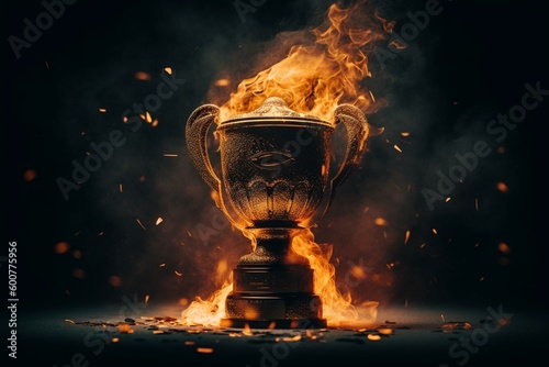 Presentation of champions with fiery golden cup. Generative AI