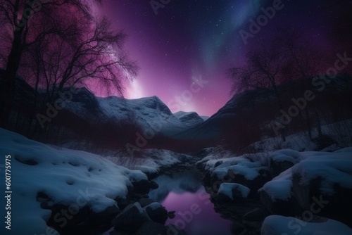 Abstract aurora in enchanted forest with mystical purple light, depicting polar landscape with mountains and rivers in Northern Scandinavia. Generative AI