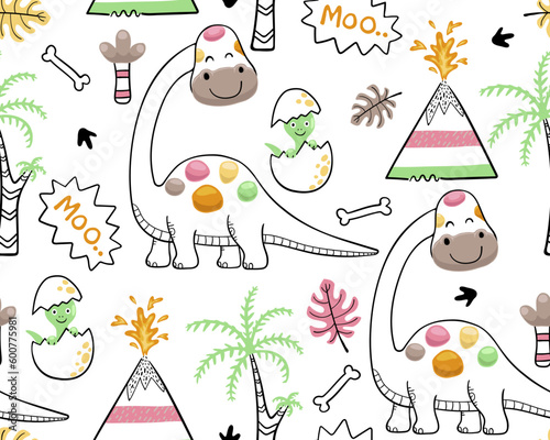 seamless pattern vector of cartoon dinosaur with prehistoric elements
