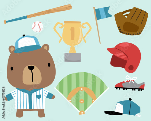 Vector illustration of cartoon bear in baseball jersey with baseball elements