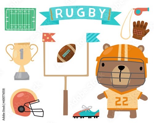 Vector illustration of cartoon bear in rugby jersey with rugby elements