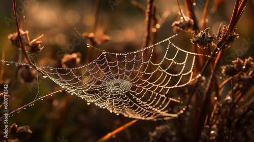 spider web with dew drops in the morning. Generative AI 