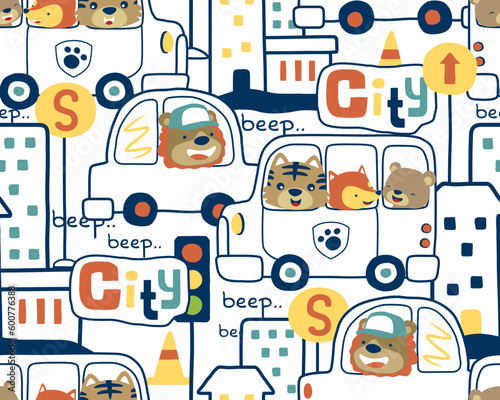 seamless pattern vector of city traffic with funny animals cartoon