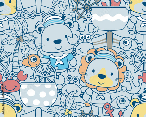 seamless pattern vector of sailing elements cartoon with lion and marine animals