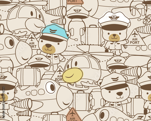 seamless pattern vector of cartoon air vehicles elements with cute bear in pilot costume