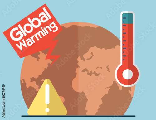 Global warming, increase in temperature of planet. Ecological catastrophy, human impact on ecology. Saving Earth, environmental care. Planet suffers from climate change, thermometer and dried planet
