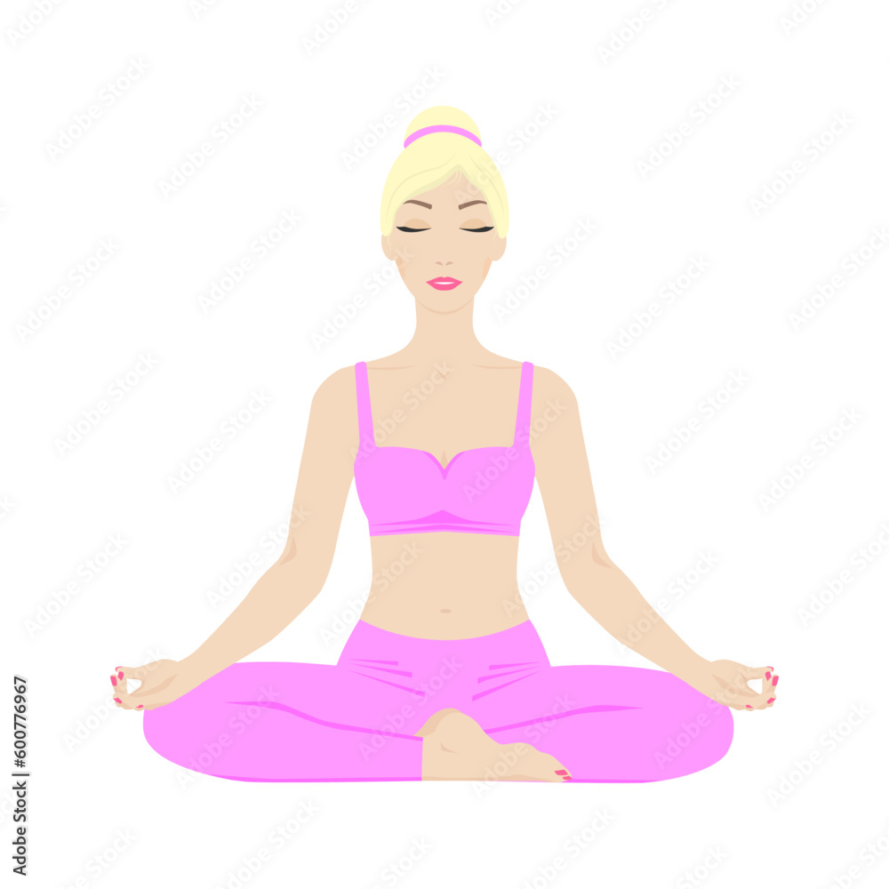 Young woman in lotus position practicing yoga, meditating. Color vector illustration in flat style. Isolated on white background.	