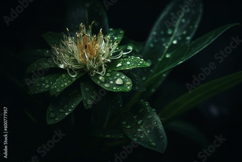 A green plant with dewy leaves, a blooming flower, and a dark backdrop. Generative AI