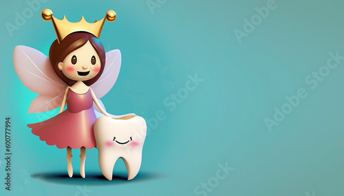 3d cute cartoon tooth Fairy character, flat vector illustration, copy space photo
