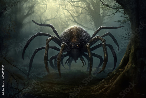 scary giant fantasy spider in dark forest