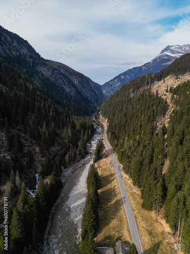 River and street in Switzerland . aerial