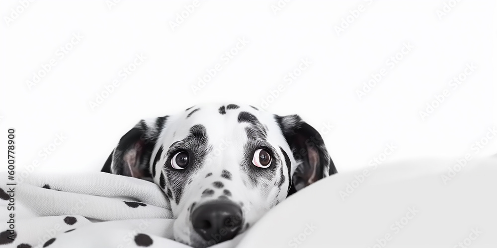 Monochromatic portrait of a Dalmatian showcasing its intense gaze, surrounded by soft fabrics, exuding calm and contemplation.
