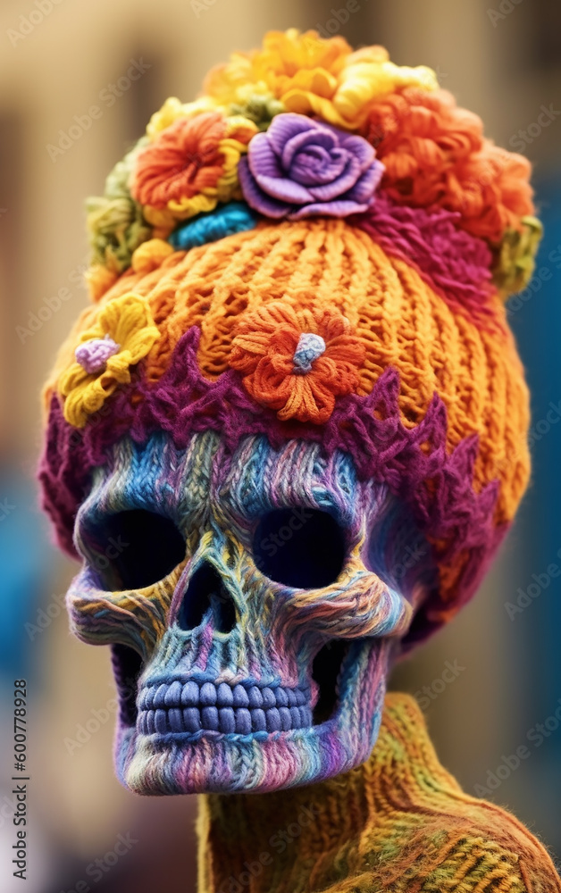 Stunning display of cultural artistry with a multicolored yarn-decorated skull, blending tradition and vibrant creativity in a harmonious design.