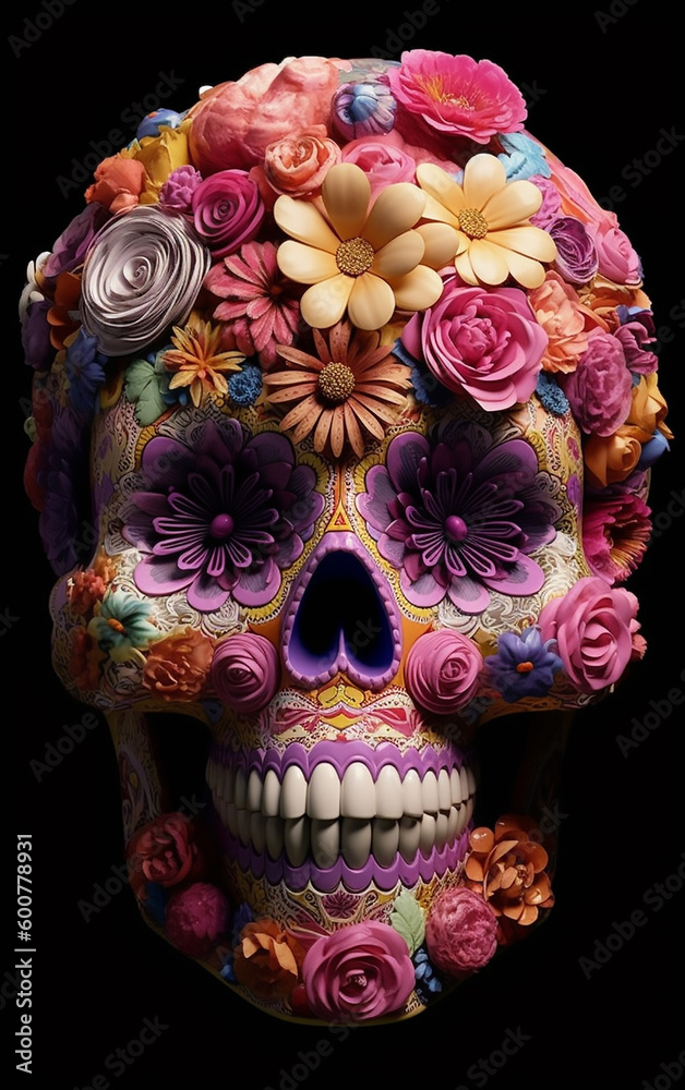 Modern representation of a skull, colorfully painted and accessorized, symbolizing a blend of life's contrasts: mortality and celebration.