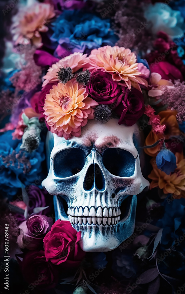 Mesmerizing and detailed sugar skull festooned with multi-colored petals, celebrating the memories of loved ones past. Mesmerizing and detailed sugar skull festooned with multi-colored petals, celebrating the memories of loved ones past.