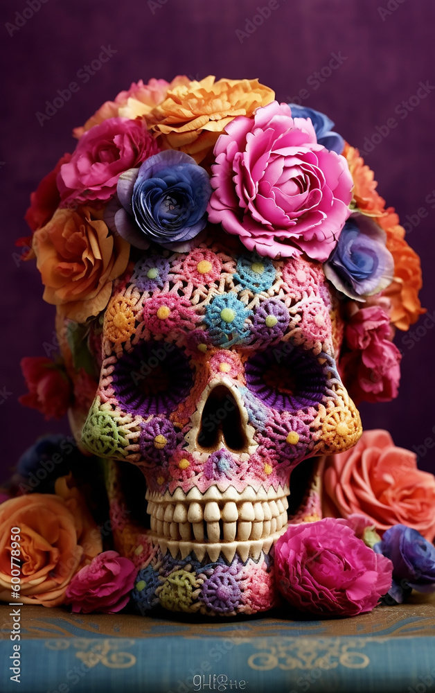 Handcrafted sugar skull embellished with an array of bright flowers, symbolizing remembrance and celebration in Latin American culture.