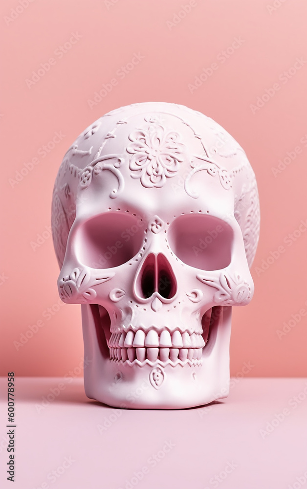 Elegant pastel-hued skull with intricate floral embossing, juxtaposed against a soft pink background, embodying the blend of art and mortality. Elegant pastel-hued skull with intricate floral embossing, juxtaposed against a soft pink background, embodying the blend of art and mortality.