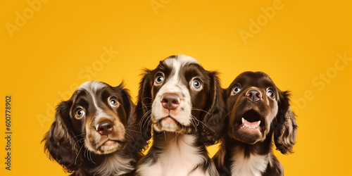 Trio of adorable puppies exhibit playful curiosity, set against a radiant yellow background, perfect for pet enthusiasts and advertisements. © Liana