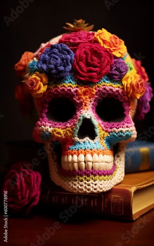 Dazzlingly decorated skull draped in radiant flowers, a masterpiece showcasing Dia de los Muertos traditions and reverence.