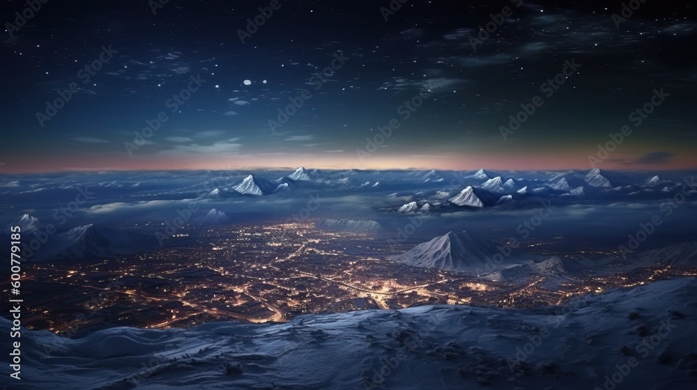 View from sky, Vast snowy landscape against a starry sky. Generative AI.