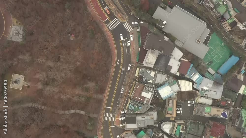 Aerial video of road with cars in motion in Seoul Korea city on a cloudy day Aerial video of road with cars in motion in Seoul Korea city on a cloudy day