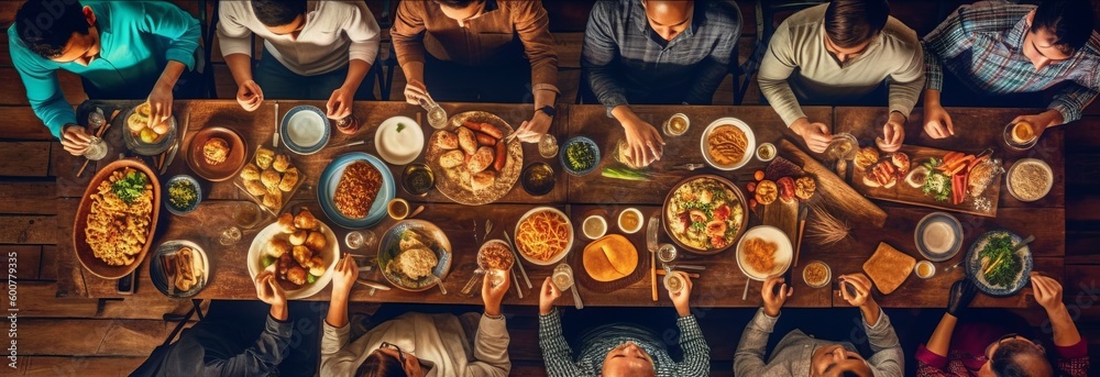 Fototapeta premium a group of people sitting at a large dinner table with plates of food on them, in the style of rustic texture, spontaneous gesture, high-angle, photo taken with provia