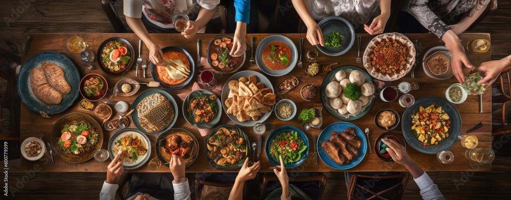a group of people sitting at a large dinner table with plates of food on them, in the style of rustic texture, spontaneous gesture, high-angle, photo taken with provia