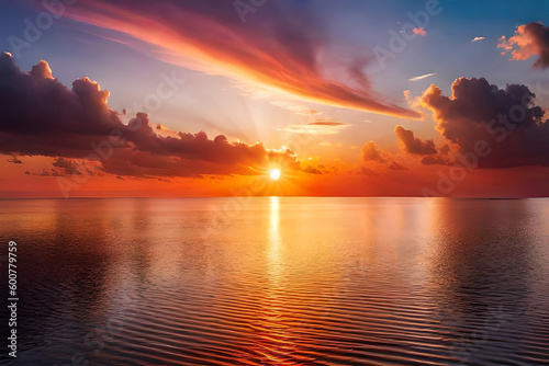 A vibrant sunset over the ocean, with shades of pink, orange, and purple filling the sky and reflecting off the water