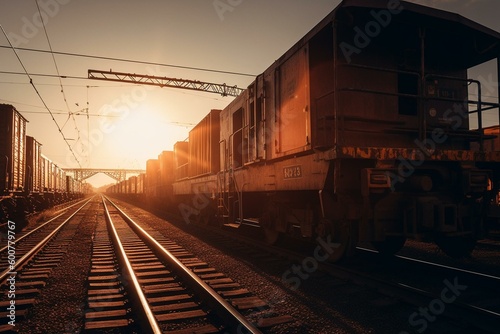 A train transporting goods during sunset. Generative AI