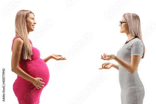 Profile shot of a pregnant woman having a conversation with another woman