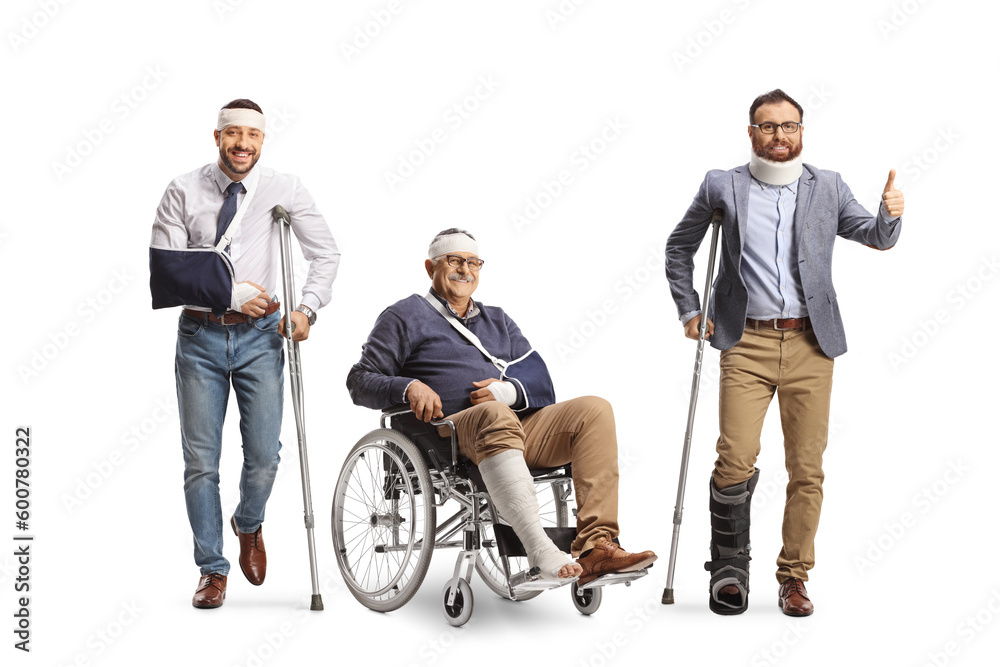 Group of injured men with crutches and a wheelchair Group of injured men with crutches and a wheelchair