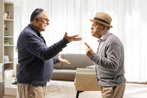 Two mature men having an argument in an apartment photo