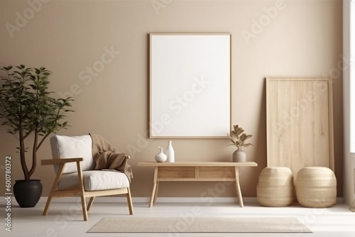 Neutral beige wall with one empty frame for wall art mockup. Monochrome boho room with minimalist vase and neutral decor. Generative AI.