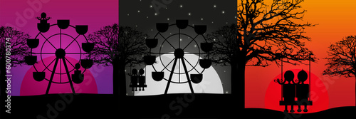Romantic Card set. Ferris Wheel at night. Big Wheel and Couple in love at Sunset landscape. Romance vector illustration.