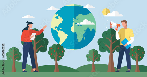 Environmental activist and responsible society. People call to take care of nature and protect our planet and environment. Earth Day, world ecological concept. International holiday and festival