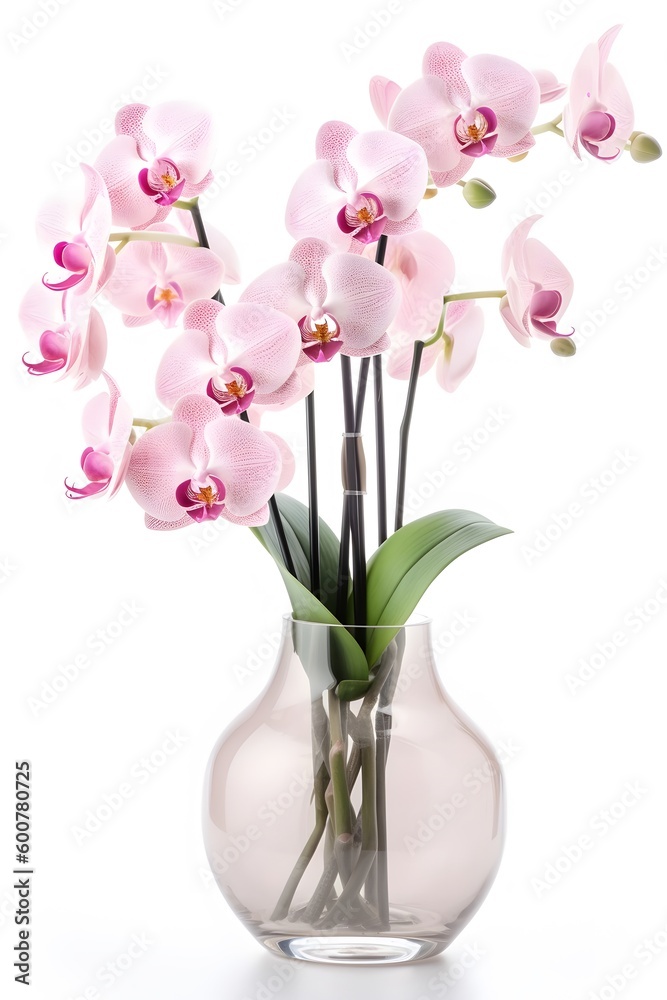 a modern pink glass vase with 10 light pink orchid flowers with stems