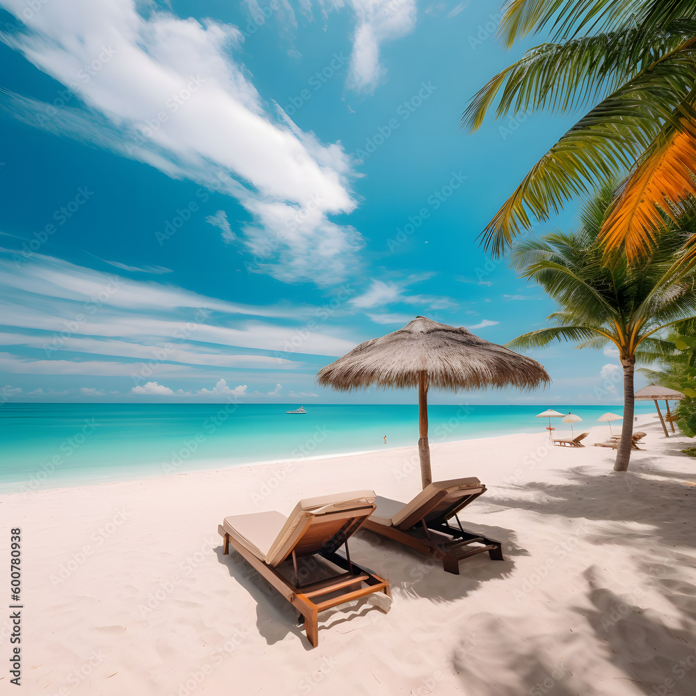 Beautiful tropical beach with white sand and two sun loungers chairs partly cloudy sky blue trees palm