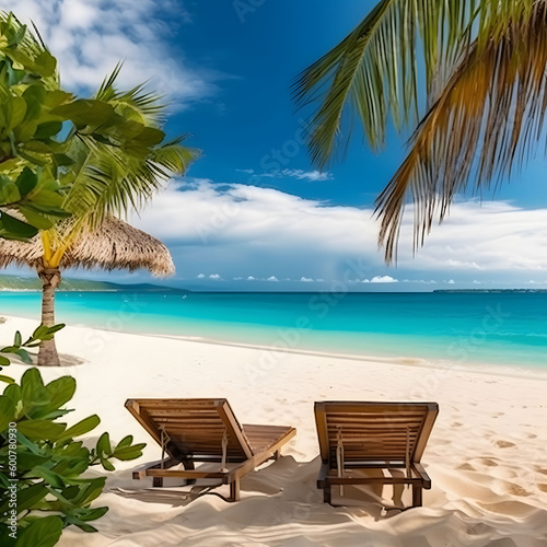 Beautiful tropical beach with white sand and two sun loungers chairs partly cloudy sky blue trees palm
